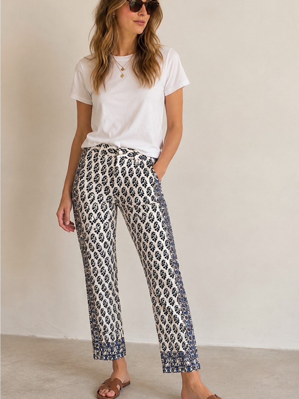 Tory Burch Reya Cropped Straight Leg Jeans Womens 29 Ivory Guru Border NWT Print